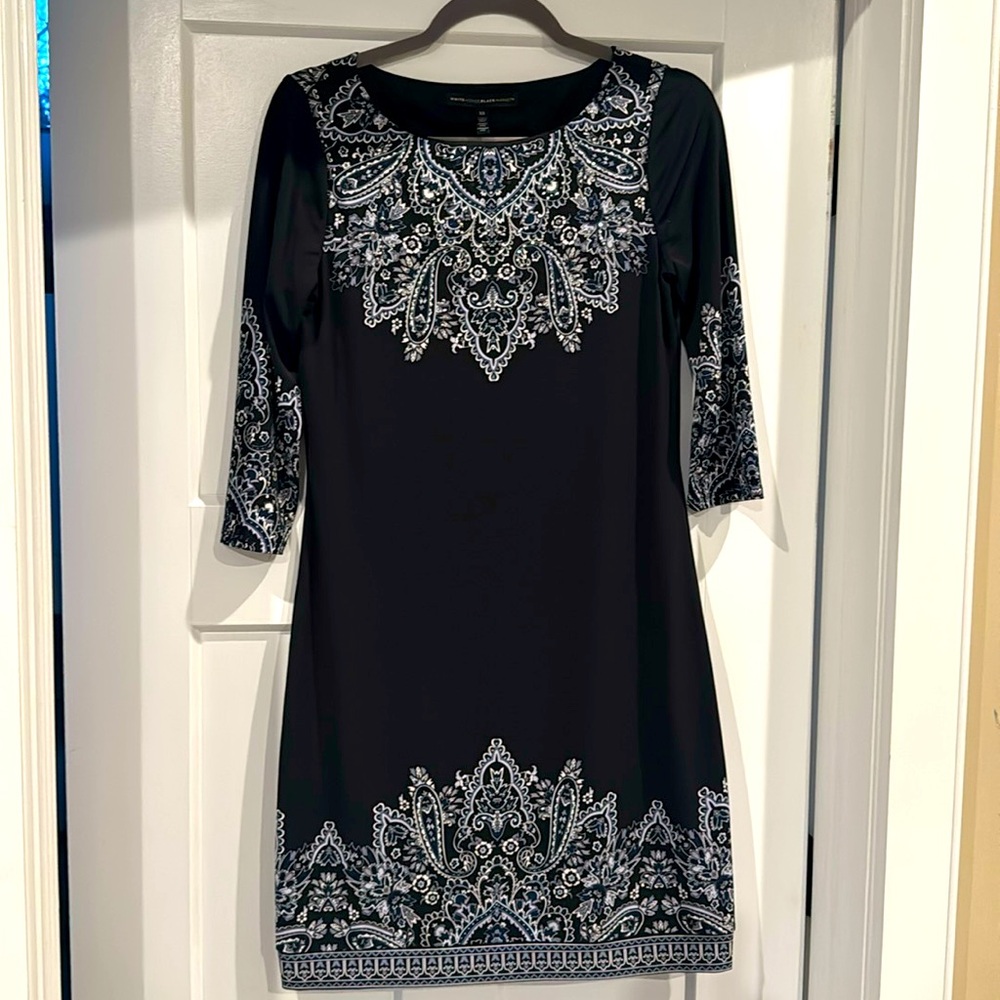 WHBM midi dress, long sleeve with print and rhinestone detail at the neck